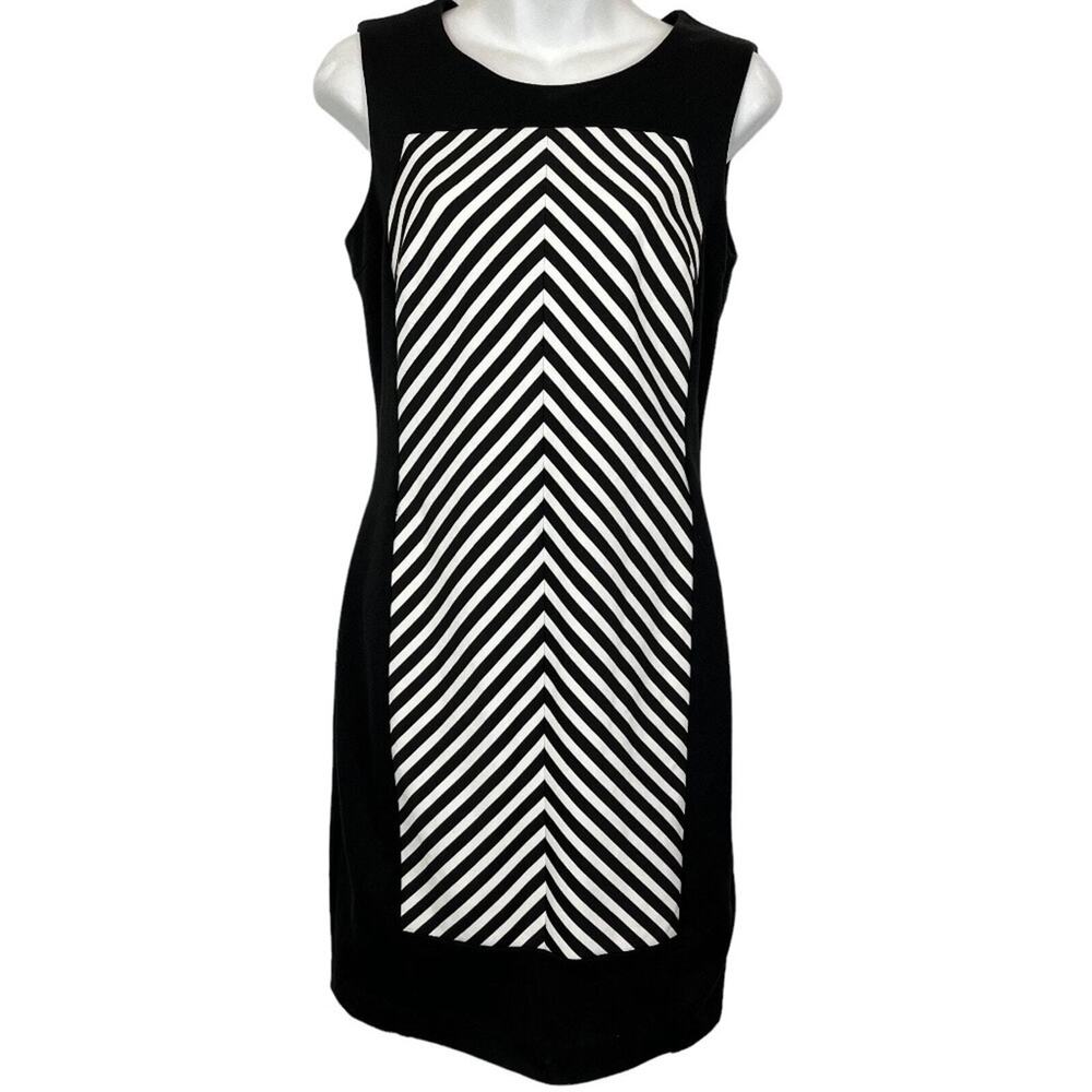 CALVIN KLEIN Black White Striped Herringbone Sleeveless Stretch Knit Dress sz 4